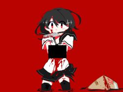 Rule 34 | 1girl, black hair, black sailor collar, black skirt, black thighhighs, blood, blood on clothes, blood on leg, blood stain, bloody knife, box, commentary request, flat color, kitchen knife, knife, looking at viewer, mouth hold, original, outo eguchi, red background, red eyes, sailor collar, shirt, short hair, short sleeves, simple background, skirt, solo, thighhighs, white shirt