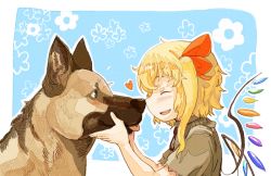 Rule 34 | 1girl, :d, ^ ^, alternate costume, bad id, bad pixiv id, blonde hair, bow, closed eyes, contemporary, dog, closed eyes, fang, female focus, flandre scarlet, flower, german shepherd, hair bow, happy, heart, kirusu, open mouth, ponytail, short hair with long locks, side ponytail, sideways mouth, smile, solo, touhou, wings