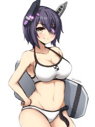 Rule 34 | 10s, 1girl, bare shoulders, bikini, blush, breasts, cleavage, don (29219), eyepatch, female focus, hand on own hip, headgear, kantai collection, kickboard, large breasts, looking at viewer, navel, necktie, purple hair, short hair, smile, solo, standing, swimsuit, tenryuu (kancolle), white bikini, yellow eyes