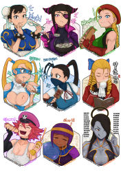 Rule 34 | 6+girls, arabic text, artist name, binary, black hair, book, bracelet, breasts, brown eyes, cammy white, capcom, chinese clothes, chinese text, chun-li, cleavage, cleavage cutout, clothing cutout, colored skin, cone hair bun, crying, cup, dark-skinned female, dark skin, dated, debt, domino mask, double bun, drill hair, drooling, dumpling, eating, english text, eyepatch, facial scar, female seth (street fighter), fingerless gloves, food, food on face, gloves, grey skin, hair bun, han juri, heart cutout, hershuar, high ponytail, highres, ibuki (street fighter), jewelry, kanzuki karin, korean text, large breasts, mask, medium breasts, menat, mouth mask, multiple girls, pink eyes, pink hair, poison (final fight), purple hair, quad drills, rainbow mika, scar, scar on cheek, scar on face, seth (street fighter), soup, spiked bracelet, spikes, spoon, streaming tears, street fighter, street fighter v, tank top, teacup, tears, torn clothes, torn tank top, translation request, twintails, watermark, web address, white tank top