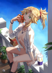 Rule 34 | 1girl, absurdres, bag, blonde hair, boots, braid, breasts, eating, fast food, fate (series), food, french braid, french fries, green eyes, highres, looking at viewer, mordred (fate), naked shirt, navel, open clothes, open mouth, open shirt, paper bag, ponytail, shirt, sidelocks, sitting, small breasts, spicy, tears, tonee, wcdonald&#039;s