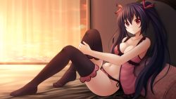 Rule 34 | 10s, 1girl, :t, babydoll, bed sheet, black hair, black panties, black thighhighs, blush, breasts, cleavage, collarbone, curtains, full body, hair ribbon, highres, kazenokaze, knees up, long hair, looking at viewer, looking to the side, navel, neptune (series), noire (neptunia), panties, pillow, pout, red eyes, ribbon, side-tie panties, sitting, sleeveless, solo, sunset, thighhighs, twintails, underwear, very long hair, window