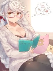 Rule 34 | 10s, 1girl, aran sweater, asymmetrical hair, bad id, bad pixiv id, bespectacled, black bra, black pantyhose, book, bow, bra, bra peek, braid, breasts, cable knit, cake, cake slice, checkerboard cookie, cleavage, cookie, couch, crotch seam, doughnut, dress, food, glasses, hair between eyes, hair bow, hair ornament, jitome, kantai collection, large breasts, long hair, looking at viewer, open book, panties, panties under pantyhose, pantyhose, pokoten (pokoten718), semi-rimless eyewear, silver hair, single braid, sitting, solo, sparkle, spoken food, sweater, sweater dress, thought bubble, underwear, unryuu (kancolle), very long hair, yellow eyes