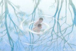 Rule 34 | 2boys, absurdres, bara, bare tree, completely nude, couple, dagou (yuzhou fei gou), faceless, faceless male, from above, highres, looking at another, male focus, multiple boys, nude, original, painterly, red nose, reflection, reflective water, short hair, swimming, tree, winter, yaoi