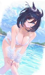 Rule 34 | 1girl, absurdres, animal ears, bare legs, bare shoulders, bikini, black hair, black ribbon, blue eyes, blue sky, blurry, blurry background, bow, breasts, cleavage, closed mouth, cloud, collarbone, commentary, day, detached sleeves, ear ribbon, ear scrunchie, eishin flash (umamusume), feet out of frame, frilled bikini, frills, hair between eyes, halterneck, hands on own thighs, highres, horse ears, horse girl, knees together feet apart, leaning forward, lens flare, light blush, looking at viewer, medium breasts, medium hair, occa-key, outdoors, ribbon, scrunchie, see-through, see-through sleeves, short sleeves, sky, sleeves past wrists, solo, sparkle, standing, striped ribbon, swimsuit, umamusume, wading, water, white bikini, white scrunchie, wide sleeves