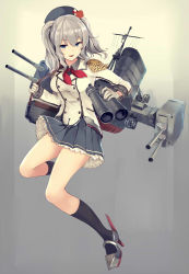 Rule 34 | 10s, 1girl, anchor, beret, binoculars, black socks, blue eyes, blue skirt, breasts, collared shirt, epaulettes, frilled skirt, frilled sleeves, frills, full body, gloves, grey background, grey shirt, hat, jacket, kantai collection, kashima (kancolle), long hair, long sleeves, looking at viewer, machinery, medium breasts, nakaichi (ridil), neckerchief, open mouth, pleated skirt, red neckerchief, rudder footwear, searchlight, shirt, silver hair, skirt, smokestack, socks, solo, strap, turret, twintails, white gloves, white jacket
