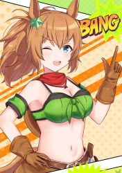 Rule 34 | 1girl, ;d, absurdres, animal ears, armband, bandana, belt, blue eyes, blush, breasts, brown belt, brown gloves, brown hair, cleavage, commentary request, detached sleeves, gloves, green armband, gun, hair between eyes, hair ornament, hand on own hip, hand up, handgun, highres, horse ears, index finger raised, large breasts, long hair, looking at viewer, one eye closed, open mouth, ponytail, revolver, short sleeves, smile, solo, star (symbol), star hair ornament, taiki shuttle (umamusume), tail, umamusume, upper body, wasi, weapon