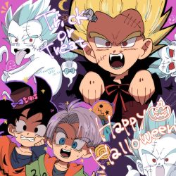 Rule 34 | 2boys, black hair, blue eyes, child, commentary, dated, dougi, dragon ball, dragon ball super, dragonball z, english text, fangs, ghost, halloween, highres, jack-o&#039;-lantern, looking at viewer, male focus, multiple boys, red eyes, shi be no, son goten, teeth, tongue, tongue out, trunks (dragon ball), vampire, white hair, wide-eyed