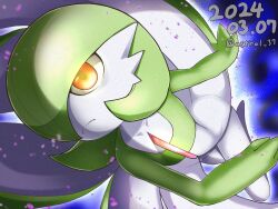 Rule 34 | 1girl, absurdres, artist name, blue background, bob cut, closed mouth, collarbone, colored skin, creatures (company), dated, female focus, flat chest, game freak, gardevoir, gardevoir day, gen 3 pokemon, green hair, green skin, hair over one eye, highres, looking afar, multicolored skin, nintendo, odoru (odoru37), one eye covered, outline, pokemon, pokemon (creature), red eyes, serious, short hair, signature, solo, twitter username, two-tone skin, white outline, white skin
