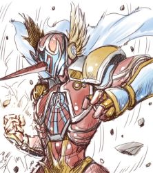 Rule 34 | 1boy, alkaiser, amania orz, armor, cape, clenched hands, full armor, gloves, head wings, helmet, horns, male focus, saga, saga frontier, sentai, simple background, single horn, solo, white background, wings