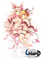 Rule 34 | 2girls, animal ears, ass, barefoot, blonde hair, blush, breasts, cleavage, fake animal ears, feathers, feiwing, green eyes, hair censor, hairband, highres, jewelry, long hair, looking at viewer, lying, multiple girls, necklace, no bra, open clothes, original, panties, red eyes, scarf, shiny skin, short hair, side-tie panties, string panties, tail, thighhighs, underwear, unleashed, untied, white legwear, wrist cuffs