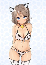 Rule 34 | 1girl, animal ears, animal print, arms behind back, bare arms, bare shoulders, bell, blue eyes, blush, bow, bow bra, bra, breasts, brown hair, chinese zodiac, cleavage, collarbone, cow ears, cow print, cowbell, gluteal fold, green hair, halterneck, halterneck, highres, looking at viewer, love live!, love live! sunshine!!, lowleg, lowleg panties, medium breasts, medium hair, multi-strapped panties, navel, nose, o-ring, o-ring bottom, panties, pout, simple background, tatsumi432, thighhighs, underwear, watanabe you, year of the ox