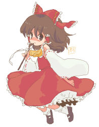 Rule 34 | 1girl, bad id, bad pixiv id, brown eyes, brown hair, detached sleeves, female focus, full body, gohei, hakurei reimu, ica, japanese clothes, miko, simple background, solo, touhou, white background