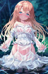 Rule 34 | 1girl, blonde hair, blue eyes, blurry, blurry background, blush, breasts, commission, detached sleeves, dress, groin, highres, holding, holding string, lace, lace-trimmed dress, lace trim, long hair, looking at viewer, medium breasts, night, nyahu (nyahu 77), original, seductive smile, skeb commission, smile, solo, standing, string, water, water drop, wet, wet clothes, wet dress, white dress