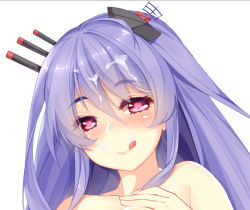 Rule 34 | 1girl, :p, bare shoulders, blush, cannon, closed mouth, collarbone, cum, cum on hair, eyebrows, eyelashes, facial, hair between eyes, hair ornament, heart, heart-shaped pupils, helena (warship girls r), implied sex, long hair, looking at viewer, portrait, prinz luzifer, purple hair, red eyes, simple background, solo, symbol-shaped pupils, tongue, tongue out, warship girls r, white background