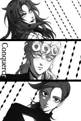 Rule 34 | 3boys, cleavage cutout, clothing cutout, commentary request, diavolo, earrings, fishnet top, fishnets, freckles, giorno giovanna, greyscale, jewelry, jojo no kimyou na bouken, lipstick, long hair, makeup, male focus, monochrome, multiple boys, parted lips, ponytail, sempon (doppio note), smile, spotted hair, stud earrings, vento aureo, vinegar doppio