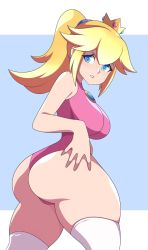 Rule 34 | 1girl, absurdres, abysswatchers, armpits, ass, ass grab, blonde hair, blue eyes, breasts, hand on own ass, highres, huge ass, large breasts, leotard, looking at viewer, looking back, mario (series), nintendo, parted lips, ponytail, princess, princess peach, sideboob, super mario bros. 1, thick thighs, thighs
