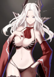 Rule 34 | 1girl, absurdres, ascot, bare shoulders, bikini, black bikini, breasts, carmilla (fate), cleavage, curly hair, detached sleeves, fate/grand order, fate/grand order arcade, fate (series), forehead, highres, large breasts, long hair, looking at viewer, navel, parted bangs, smile, solo, swimsuit, thighs, tyone, white hair, wide sleeves