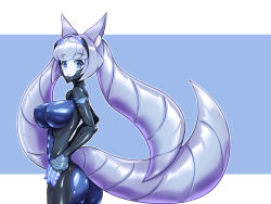 Rule 34 | 1girl, animal ear fluff, animal ears, ass, blue background, bodysuit, breasts, colored skin, commentary request, expressionless, hands on own hips, headgear, impossible clothes, large breasts, long hair, looking at viewer, original, purple hair, sachisuki gyoko, shiny clothes, skin tight, solo, tail, two-tone background, very long hair, white background, white skin