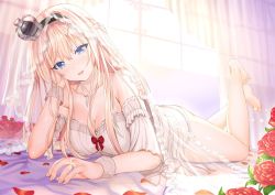 Rule 34 | 10s, 1girl, aldehyde, arm strap, ass, bare shoulders, barefoot, bed, bed sheet, blonde hair, blue eyes, bra, braid, breasts, bridal veil, collarbone, colored eyelashes, crown, curtains, detached sleeves, feet, flower, french braid, full body, hair between eyes, hairband, halterneck, jewelry, kantai collection, large breasts, long hair, looking at viewer, lying, mini crown, on stomach, panties, parted lips, perspective, petals, red flower, red rose, ring, rose, solo, thighs, toes, underwear, veil, warspite (kancolle), wedding band, wedding ring, white bra, white panties