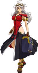 Rule 34 | 1girl, bad source, bare shoulders, breasts, briefcase, brown gloves, cleavage, closed mouth, fingerless gloves, full body, gloves, goggles, goggles on head, hair between eyes, holding, large breasts, looking at viewer, official art, project x zone, project x zone 2, smile, solo, standing, transparent background, urashima chizuru, white hair
