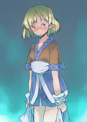 Rule 34 | 1girl, :&lt;, aqua background, aqua eyes, backlighting, blonde hair, blush, bob cut, bottomless, closed mouth, collarbone, cowboy shot, dark, dark background, frills, frown, furrowed brow, glowing, groin, hair behind ear, holding, japanese clothes, legs together, looking at viewer, looking to the side, mizuhashi parsee, obi, patterned, patterned clothing, pointy ears, rangycrow, sash, short hair, short sleeves, solo, swept bangs, touhou, upset, white sash