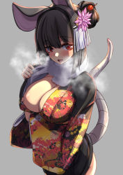 Rule 34 | 1girl, alternate costume, animal ears, blush, breast hold, breasts, breasts out, eyelashes, floral print, fur trim, grey background, hair ornament, hair stick, hairclip, heart, heart-shaped pupils, highres, japanese clothes, kimono, large areolae, large breasts, long sleeves, mouse ears, mouse tail, nazrin, new year, open clothes, open kimono, open mouth, puffy nipples, red eyes, short hair, silver hair, simple background, solo, standing, steam, symbol-shaped pupils, tail, textless version, touhou, wide sleeves, yukito (dreamrider)