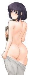 Rule 34 | 1girl, archived source, ass, back, black hair, blush, book, book on breasts, breasts, closed mouth, clothes pull, covering breasts, covering privates, cowboy shot, curvy, fire emblem, fire emblem: thracia 776, fire emblem heroes, from behind, highres, holding, holding book, holding pants, light blush, looking at viewer, looking back, medium breasts, nintendo, nude, olwen (fire emblem), pants, pants pull, purple eyes, short hair, skindentation, smile, solo, thighs, transparent background, tridisart, undressing, wide hips