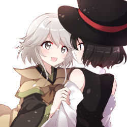 Rule 34 | 2others, androgynous, black hair, blush, brown coat, coat, detached sleeves, enraku tsubakura, eye contact, face-to-face, hat, highres, houlen yabusame, large hat, len&#039;en, looking at another, multiple others, one-hour drawing challenge, ougi hina, short hair, short hair with long locks, silver hair, smile, top hat