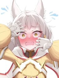 Rule 34 | 1girl, animal ears, blush, cat ears, cat girl, highres, nia (xenoblade), okazu2010015, open mouth, solo, xenoblade chronicles (series), xenoblade chronicles 2, yellow background