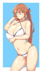 Rule 34 | 1girl, bare shoulders, bikini, blue background, blush, breasts, brown hair, cleavage, girls&#039; frontline, highres, large breasts, long hair, looking at viewer, looking back, navel, o-ring, o-ring top, official alternate costume, simple background, solo, springfield (girls&#039; frontline), springfield (stirring mermaid) (girls&#039; frontline), swimsuit, thighs, urec, very long hair, white bikini