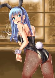 Rule 34 | 1girl, animal ears, ass, bad id, bad pixiv id, black pantyhose, blue eyes, blue hair, cup, detached collar, drinking glass, fake animal ears, fishnet pantyhose, fishnets, from behind, leotard, nosa, original, pantyhose, playboy bunny, rabbit ears, rabbit tail, solo, tail, tray, wine glass, wrist cuffs