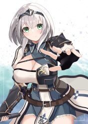 Rule 34 | 1girl, absurdres, armor, artist name, belt, belt buckle, black gloves, blush, braid, breasts, brown belt, buckle, cleavage, closed mouth, commentary, cowboy shot, fingerless gloves, french braid, gloves, green eyes, grey hair, highres, holding, holding weapon, hololive, kanadeho, large breasts, light smile, shirogane noel, short hair, solo, tiara, virtual youtuber, weapon