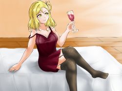 Rule 34 | 1girl, absurdres, artist name, artist request, bare shoulders, bed, black thighhighs, blonde hair, blush, braid, breasts, brown eyes, cleavage, collarbone, crossed legs, crown braid, cup, dress, drinking glass, female focus, garter straps, green eyes, hair rings, highres, holding, holding drinking glass, indoors, legs together, looking at viewer, love live!, love live! sunshine!!, medium breasts, ohara mari, on bed, parted lips, red dress, red skirt, short hair, skirt, smile, solo, thighhighs, yellow eyes