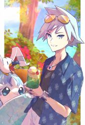 Rule 34 | 1boy, alolan form, alolan sandslash, anidf, blue shirt, bracelet, cherry, collared shirt, commentary, creatures (company), cup, day, eyewear on head, food, fruit, game freak, gen 3 pokemon, gen 7 pokemon, glass, grin, highres, holding, holding cup, jewelry, male focus, necklace, nintendo, official alternate costume, open clothes, open shirt, outdoors, pokemon, pokemon masters ex, ring, shirt, short hair, shorts, smile, spiked hair, steven stone, steven stone (summer 2020), sunglasses, symbol-only commentary, teeth, undershirt, wingull