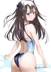 Rule 34 | 1girl, absurdres, ass, black eyes, black hair, blue one-piece swimsuit, commentary request, competition swimsuit, cowboy shot, from behind, hair ribbon, highleg, highleg swimsuit, highres, long hair, looking at viewer, one-piece swimsuit, original, ribbon, sakura yuu (hzjy8485), simple background, solo, standing, swimsuit, twitter username, two side up, wet, wet clothes, wet swimsuit, white background