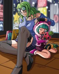 Rule 34 | 2girls, alternate costume, breasts, child, choker, cityscape, female focus, glasses, green eyes, highres, large breasts, looking at another, monet (one piece), multiple girls, one piece, siblings, sisters, sleeping, solo, sugar (one piece), thick thighs, thighhighs, thighs, yellow eyes