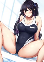 Rule 34 | 1girl, absurdres, bare shoulders, black hair, blue scrunchie, blush, breasts, cameltoe, cleavage, cove, covered navel, crotch seam, hara mizuki, highleg, highleg swimsuit, highres, kusahagane, large breasts, long hair, looking at viewer, mole, mole under eye, one-piece swimsuit, original, parted lips, poolside, scrunchie, sitting, soaking feet, solo, spread legs, swimsuit