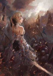 Rule 34 | 1girl, ahoge, armor, armored dress, artoria pendragon (fate), aura, back, bare shoulders, blonde hair, blood, blood on face, blood on clothes, blood in hair, bzerox, caliburn (fate), cloud, cloudy sky, corpse, detached sleeves, dress, embers, excalibur (fate/stay night), fate/stay night, fate/unlimited codes, fate (series), faulds, flag, from behind, gauntlets, green eyes, hair ribbon, halterneck, highres, holding, holding sword, holding weapon, looking back, outdoors, parted lips, polearm, ponytail, profile, rain, ribbon, ruins, saber (fate), saber lily, short hair, short ponytail, sky, smoke, solo, spear, sword, weapon