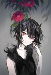 Rule 34 | 1girl, bare arms, bare shoulders, black shirt, collarbone, commentary request, flower, grey background, hair between eyes, hand up, hasunokaeru, head tilt, highres, horns, long hair, looking at viewer, original, parted lips, pointy ears, red eyes, red flower, red rose, rose, shirt, sleeveless, sleeveless shirt, solo, stitches, upper body, water
