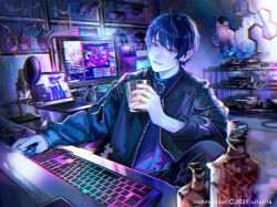 Rule 34 | 1boy, alcohol, blue eyes, blue hair, boom microphone, bottle, commentary request, commission, computer, copyright notice, cup, dark blue hair, ear piercing, earrings, eyelashes, glitch, hair between eyes, half-closed eyes, holding, holding cup, holographic keyboard, indoors, jacket, jewelry, keyboard (computer), knee up, laptop, looking at screen, looking at viewer, male focus, microphone, monitor, neon lights, open clothes, open jacket, original, pale skin, parted lips, phone, piercing, ponponpananda, short hair, sitting, smile, solo, static, stud earrings, studio, unworn headphones, upper body, whiskey