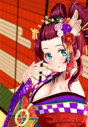 1girl adddaik alternate_hairstyle aqua_eyes artist_name artist_request bare_legs blue_eyes blush braid breasts brown_hair cleavage collarbone daikuro_(adddaik) emma_verde female_focus floral_print flower flower_print freckles hair_between_eyes hair_flower hair_ornament indoors japanese_clothes kimono long_hair long_sleeves looking_at_viewer love_live! love_live!_nijigasaki_high_school_idol_club love_live!_school_idol_festival love_live!_school_idol_festival_all_stars medium_breasts nail_(hardware) nail_polish obi parted_lips pink_flower red_flower red_hair red_kimono sash short_hair smile solo twin_braids twintails upper_body