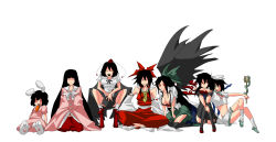 Rule 34 | 6+girls, :d, animal ears, animal slippers, arm around neck, artist request, black hair, black socks, black thighhighs, black wings, blush stickers, bow, breasts, bunny slippers, camera, carrot, cigarette, cleavage, closed eyes, color connection, detached sleeves, dress, female focus, geta, green eyes, grin, hair bow, hakurei reimu, happy, hat, highres, hishaku, houjuu nue, houraisan kaguya, inaba tewi, indian style, japanese clothes, kneehighs, kneeling, large breasts, long hair, midriff, miko, multiple girls, murasa minamitsu, navel, no nose, no shoes, one eye closed, open clothes, open mouth, open shirt, pink dress, rabbit ears, red eyes, reiuji utsuho, ribbon, rui (hershe), sailor, sailor hat, seiza, shameimaru aya, shirt, shoes, short hair, simple background, sitting, slippers, smile, socks, squatting, tengu-geta, thighhighs, tokin hat, touhou, white socks, wings, wink