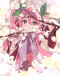Rule 34 | 1girl, ahoge, cherry blossoms, closed mouth, commentary, detached sleeves, hair between eyes, hatsune miku, ixy, long hair, looking at viewer, nail polish, necktie, pink hair, purple eyes, red nails, red necktie, red sleeves, sakura miku, smile, solo, twintails, vocaloid