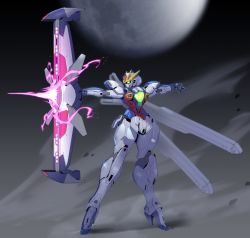 Rule 34 | absurdres, after war gundam x, glowing, glowing eyes, green eyes, gundam, gundam x divider, highres, holding, holding weapon, mecha, moon, no humans, open hand, redesign, robot, science fiction, solo, v-fin, weapon, zhu fun