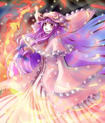 Rule 34 | 1girl, bad id, bad pixiv id, bow, danmaku, female focus, fire, hair bow, hat, long hair, multiple hair bows, patchouli knowledge, pointing, purple eyes, purple hair, ribbon, robe, sleeves past wrists, solo, striped, touhou, very long hair, vetina, wide sleeves
