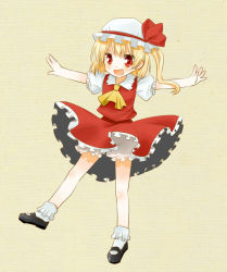 Rule 34 | 1girl, blonde hair, bloomers, child, cosplay, ascot, fang, female focus, flandre scarlet, flandre scarlet (cosplay), full body, hat, izumi minami, mary janes, outstretched arms, red eyes, rumia, shoes, skirt, smile, solo, spread arms, embodiment of scarlet devil, touhou, underwear