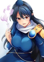 Rule 34 | ashiroku (miracle hinacle), black hair, blue dress, breasts, cowboy shot, dress, eyebrows hidden by hair, from above, glint, gold, hair between eyes, hat, highres, iizunamaru megumu, large breasts, long hair, looking at viewer, orange eyes, pointy ears, potion, pursed lips, shoulder guard, sitting, smile, smoke, solo, taut clothes, taut dress, test tube, tokin hat, touhou, unconnected marketeers, wide sleeves