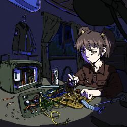 Rule 34 | 1girl, alisa (girls und panzer), alternate costume, bedroom, bomber jacket, brown eyes, brown hair, brown shirt, cable, can, chest of drawers, circuit board, clothes hanger, collared jacket, collared shirt, computer chip, curtains, desk lamp, drink can, emblem, field radio, freckles, frown, girls und panzer, hair ornament, highres, holding, indoors, jacket, lamp, night, open window, pantsu-ripper, radio, repairing, ribbon cable, saunders military uniform, screw, screwdriver, shirt, short hair, short twintails, soda can, soldering, soldering iron, solo, star (symbol), star hair ornament, tools, twintails, very short hair, window, wire