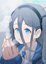 Rule 34 | 1girl, absurdres, aris (blue archive), black hairband, black jacket, blue archive, blue eyes, blue necktie, breath, breathing on hands, collared shirt, commentary request, grey background, grey hair, hair between eyes, hairband, halo, highres, jacket, long hair, long sleeves, necktie, nishi yasuaki, one side up, open clothes, open jacket, parted lips, puffy long sleeves, puffy sleeves, ringed eyes, shirt, signature, sleeves past wrists, solo, upper body, white shirt